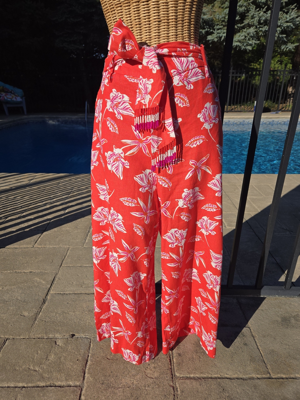 Red Tropical Wide-Leg Pants with Tie Waist